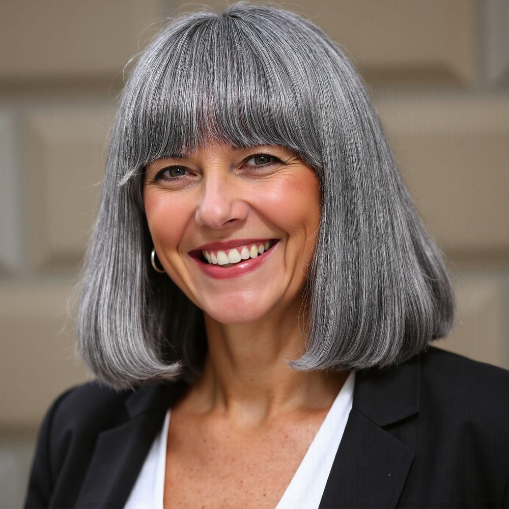 NWT HANASCC Salt & Pepper Gray Human Hair Wig Bob w/ Bangs Glueless 10"